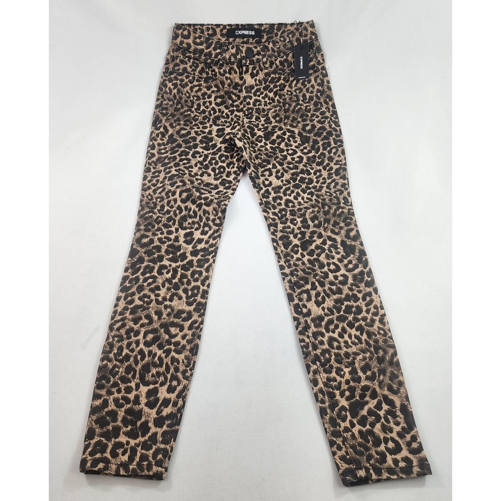 Express Womens Skinny Jeans Sz 25 Leopard Brown Mid Rise Zip Pockets NEW